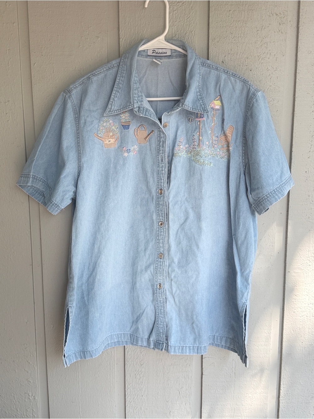 Passion Light Blue Embroidered Denim Button-Down Shirt size XL